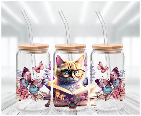 Cat Book Butterflies Glass Can Smoothie Tumbler