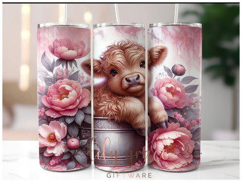 Highland Cow Pink Floral  20oz Skinny Insulated Tumbler