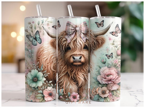 Highland Cow Butterfly 20oz Skinny Insulated Tumbler