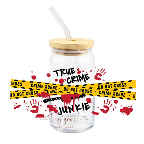 True Crime Junkie Glass Can Smoothie Tumbler