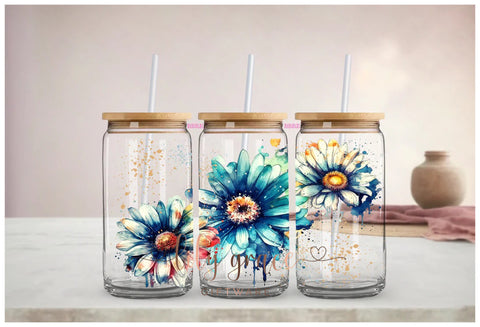 Blue Daisies Glass Can Smoothie Tumbler