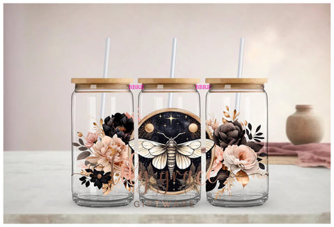 Moth & Flowers Glass Can Smoothie Tumbler